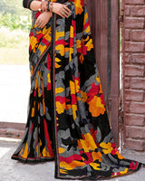Vishal Prints Carbon Black Printed Patterned Georgette Saree With Fancy Border