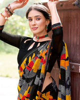 Vishal Prints Carbon Black Printed Patterned Georgette Saree With Fancy Border