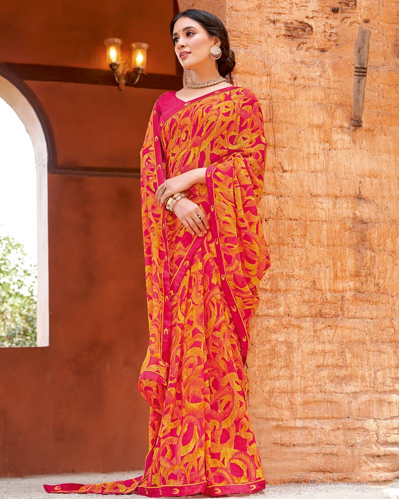 Vishal Prints Sunrise Orange Printed Patterned Georgette Saree With Fancy Border