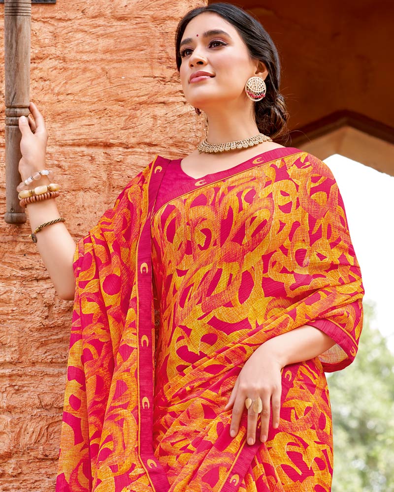 Vishal Prints Sunrise Orange Printed Patterned Georgette Saree With Fancy Border