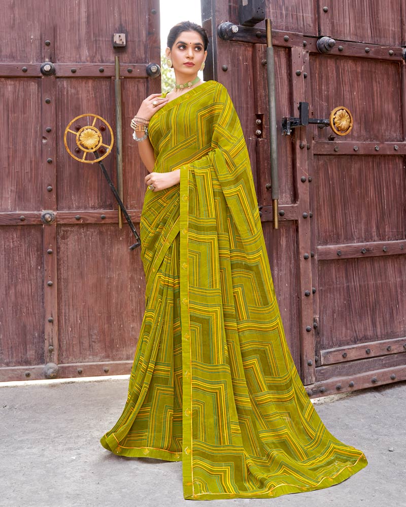 Vishal Prints Olive Yellow Printed Patterned Georgette Saree With Fancy Border