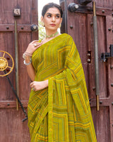 Vishal Prints Olive Yellow Printed Patterned Georgette Saree With Fancy Border