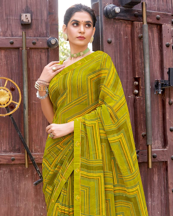 Vishal Prints Olive Yellow Printed Patterned Georgette Saree With Fancy Border