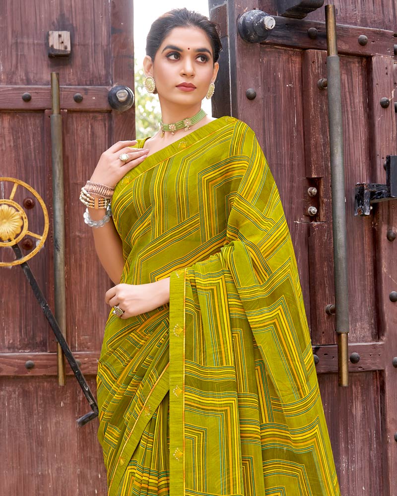 Vishal Prints Olive Yellow Printed Patterned Georgette Saree With Fancy Border