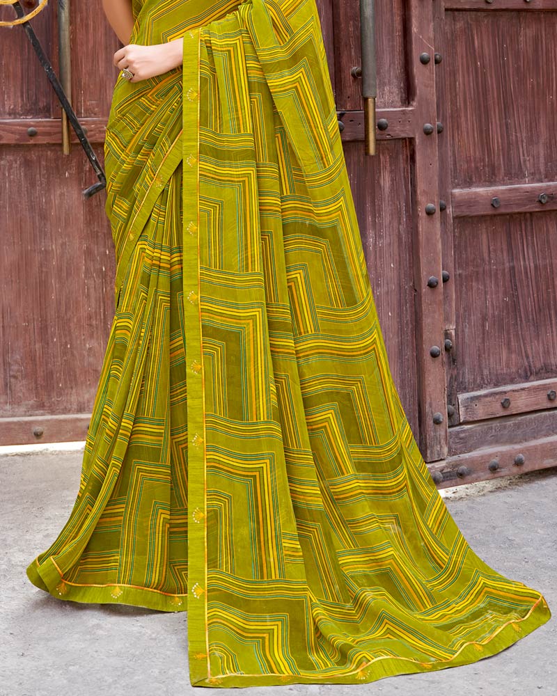 Vishal Prints Olive Yellow Printed Patterned Georgette Saree With Fancy Border