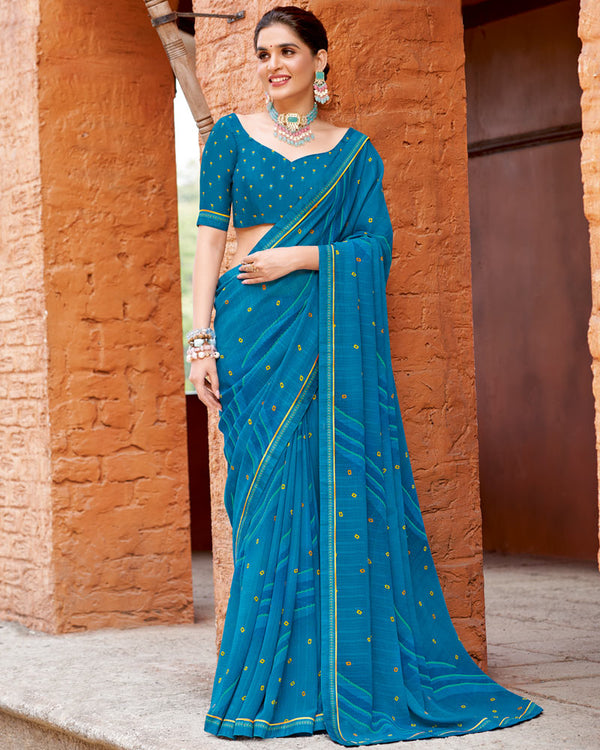 Vishal Prints French Blue Printed Patterned Georgette Saree With Fancy Border
