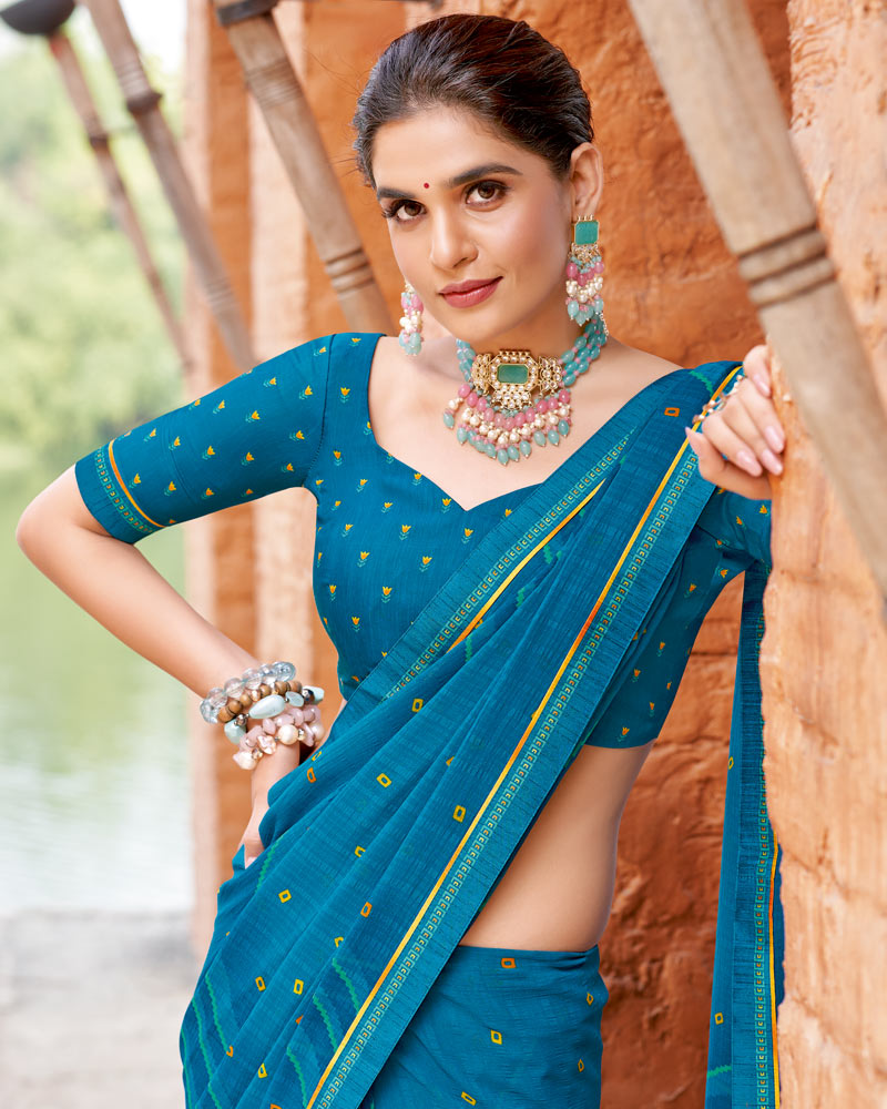 Vishal Prints French Blue Printed Patterned Georgette Saree With Fancy Border