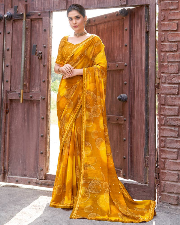 Vishal Prints Dark Mustard Yellow Printed Patterned Georgette Saree With Fancy Border