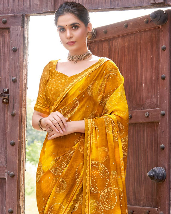Vishal Prints Dark Mustard Yellow Printed Patterned Georgette Saree With Fancy Border