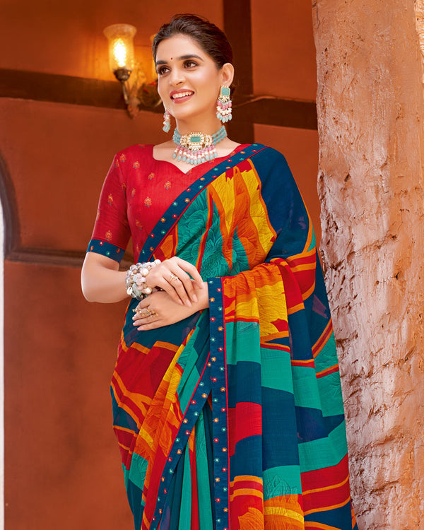 Vishal Prints Prussian Blue Printed Patterned Georgette Saree With Fancy Border