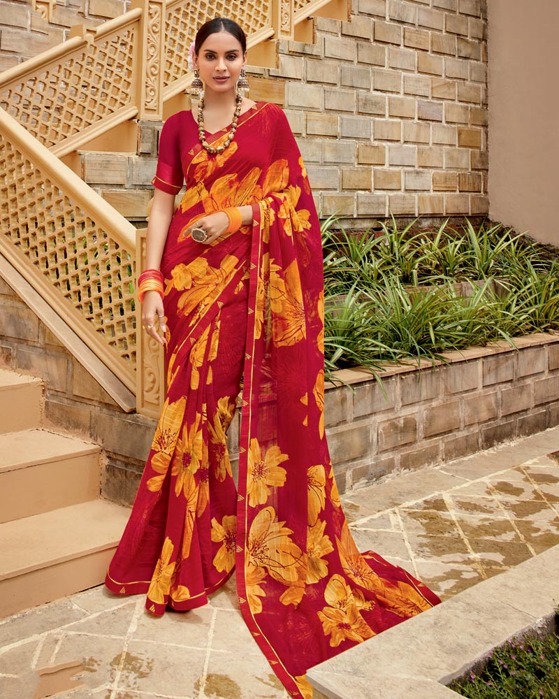 Vishal Prints Cherry Red Printed Georgette Saree With Fancy Border