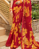 Vishal Prints Cherry Red Printed Georgette Saree With Fancy Border