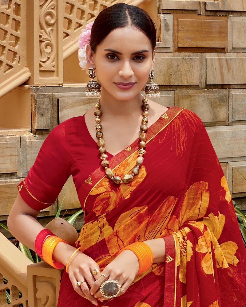 Vishal Prints Cherry Red Printed Georgette Saree With Fancy Border