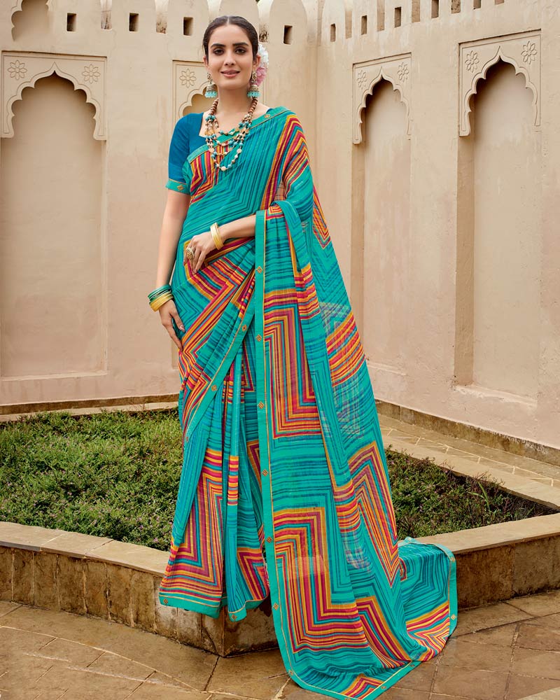 Vishal Prints Persian Green Printed Georgette Saree With Fancy Border