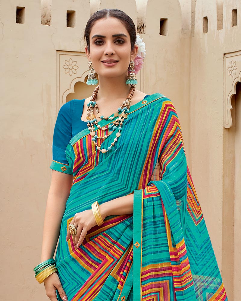 Vishal Prints Persian Green Printed Georgette Saree With Fancy Border