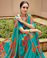 Vishal Prints Persian Green Printed Georgette Saree With Fancy Border