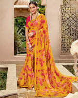 Vishal Prints Yellowish Orange Printed Georgette Saree With Fancy Border