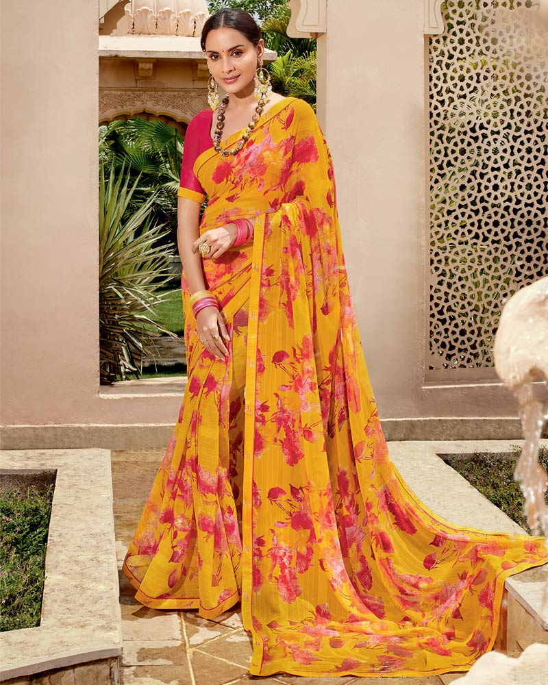 Vishal Prints Yellowish Orange Printed Georgette Saree With Fancy Border