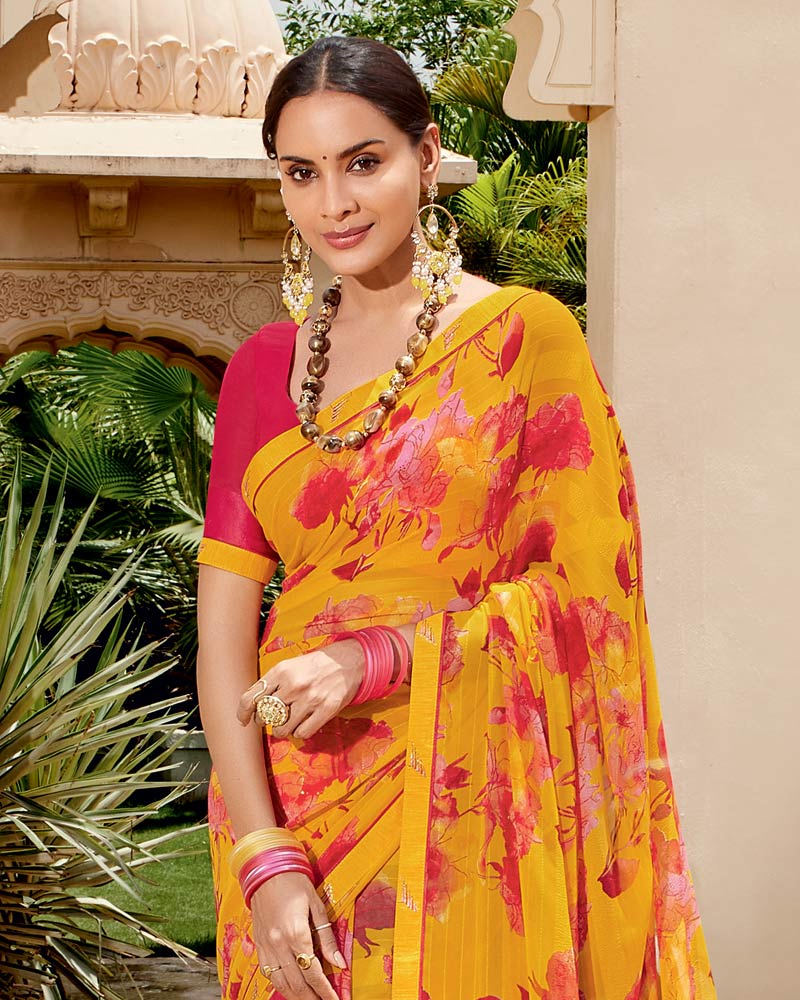 Vishal Prints Yellowish Orange Printed Georgette Saree With Fancy Border