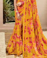 Vishal Prints Yellowish Orange Printed Georgette Saree With Fancy Border