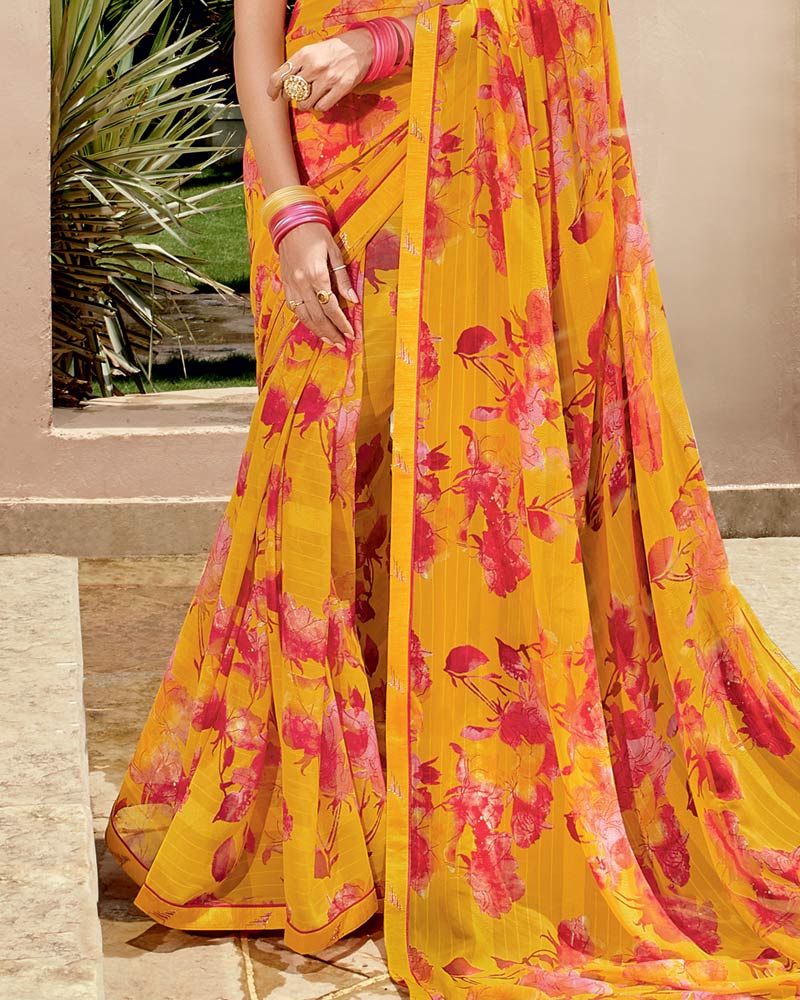 Vishal Prints Yellowish Orange Printed Georgette Saree With Fancy Border