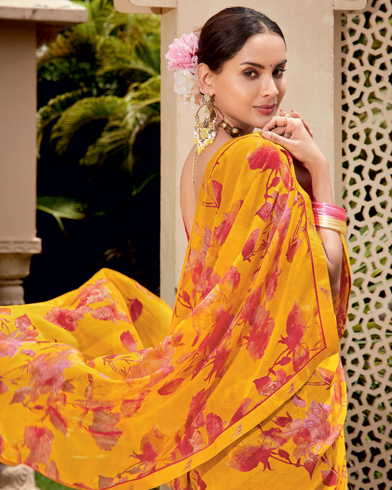 Vishal Prints Yellowish Orange Printed Georgette Saree With Fancy Border