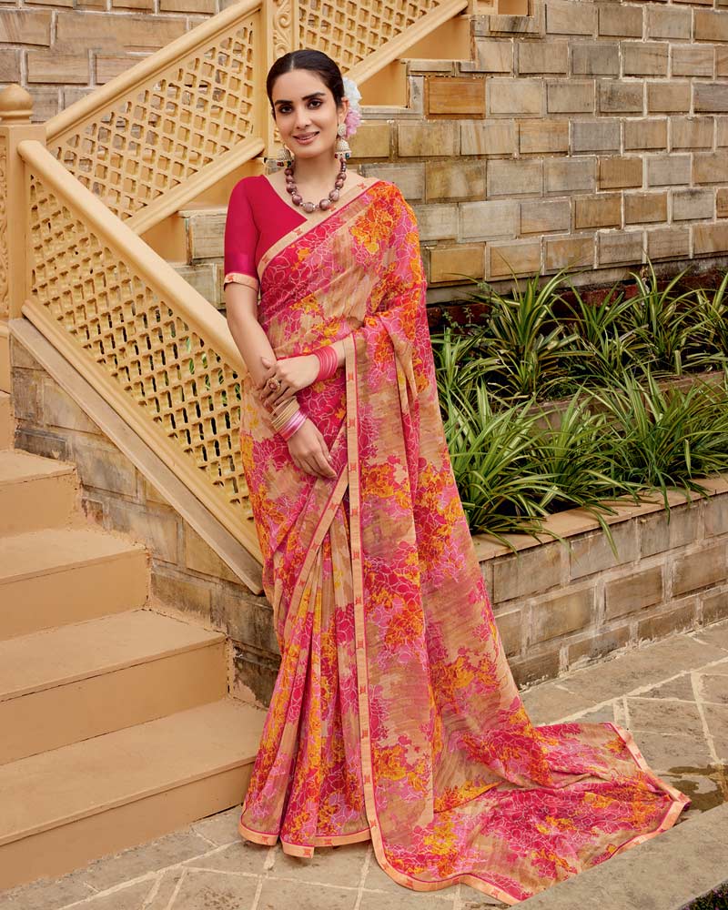 Vishal Prints Light Carmine Pink Printed Georgette Saree With Fancy Border