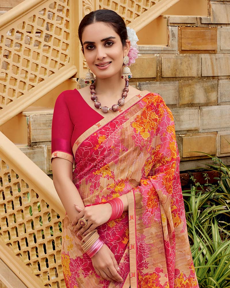 Vishal Prints Light Carmine Pink Printed Georgette Saree With Fancy Border
