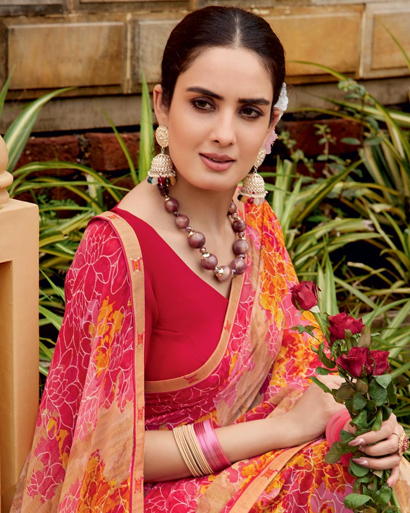 Vishal Prints Light Carmine Pink Printed Georgette Saree With Fancy Border