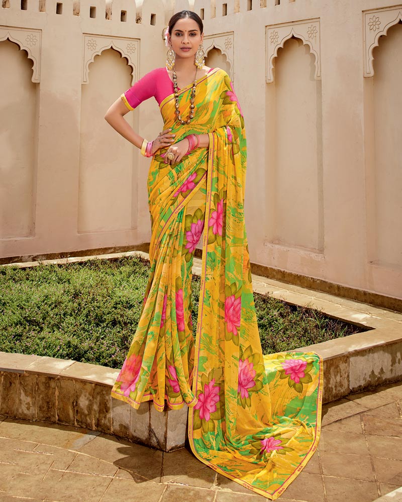 Vishal Prints Chrome Yellow Printed Georgette Saree With Fancy Border