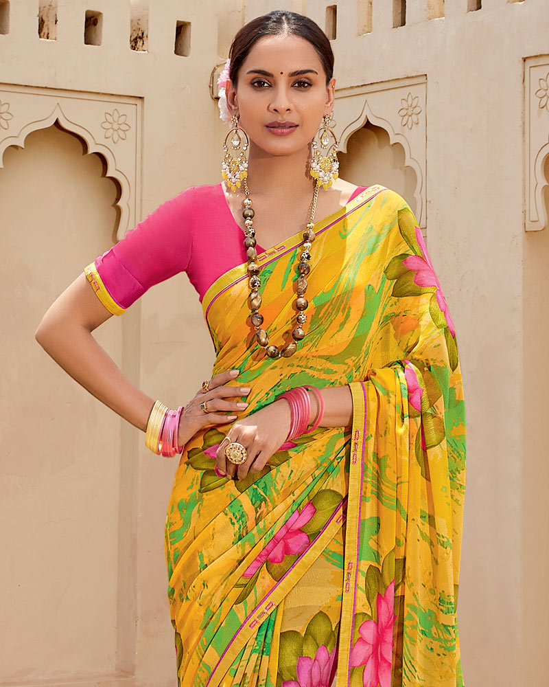 Vishal Prints Chrome Yellow Printed Georgette Saree With Fancy Border