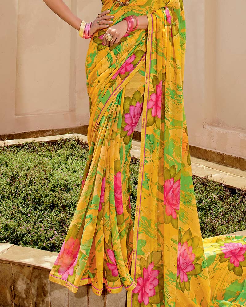 Vishal Prints Chrome Yellow Printed Georgette Saree With Fancy Border