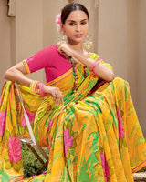 Vishal Prints Chrome Yellow Printed Georgette Saree With Fancy Border