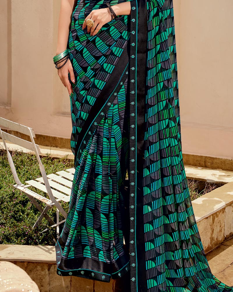 Vishal Prints Midnight Black Printed Georgette Saree With Fancy Border