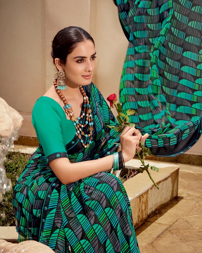 Vishal Prints Midnight Black Printed Georgette Saree With Fancy Border
