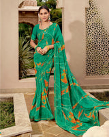 Vishal Prints Dark Spring Green Printed Georgette Saree With Fancy Border