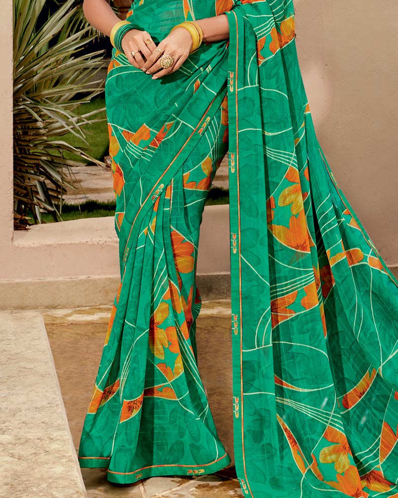 Vishal Prints Dark Spring Green Printed Georgette Saree With Fancy Border