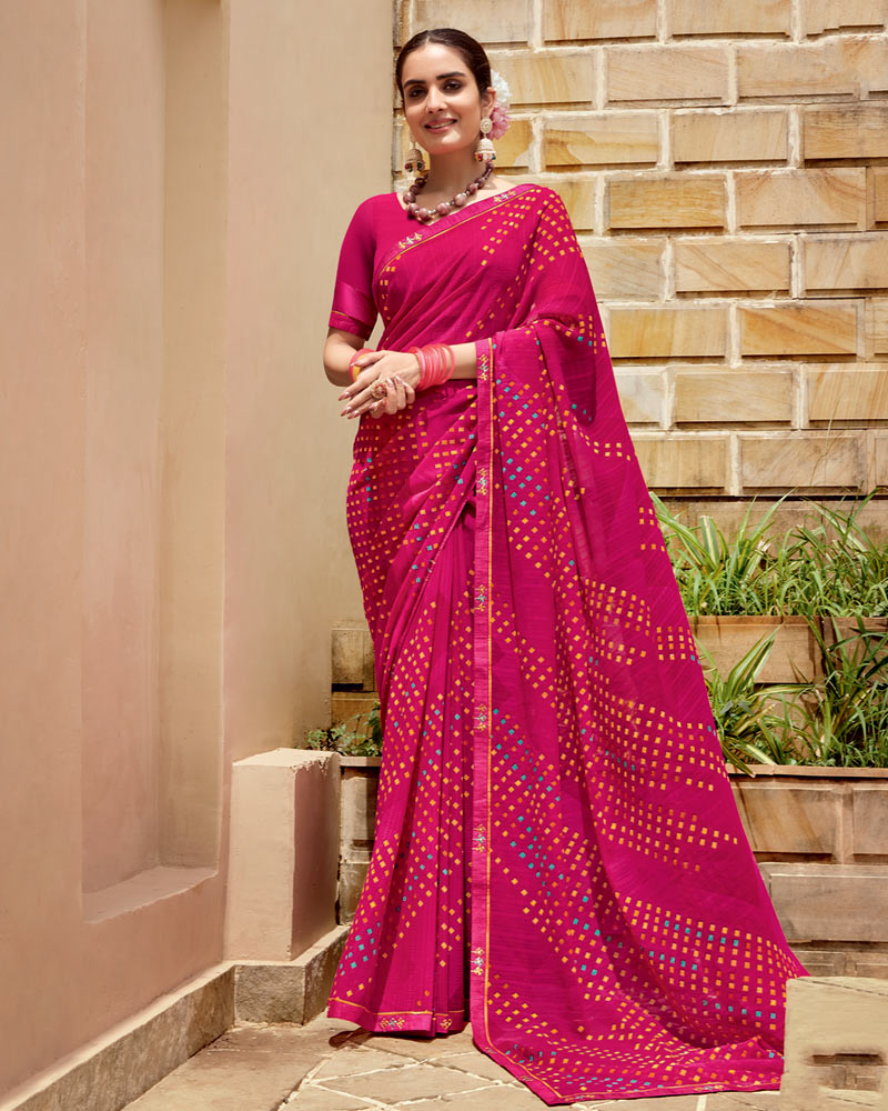 Vishal Prints Red Pink Printed Georgette Saree With Fancy Border