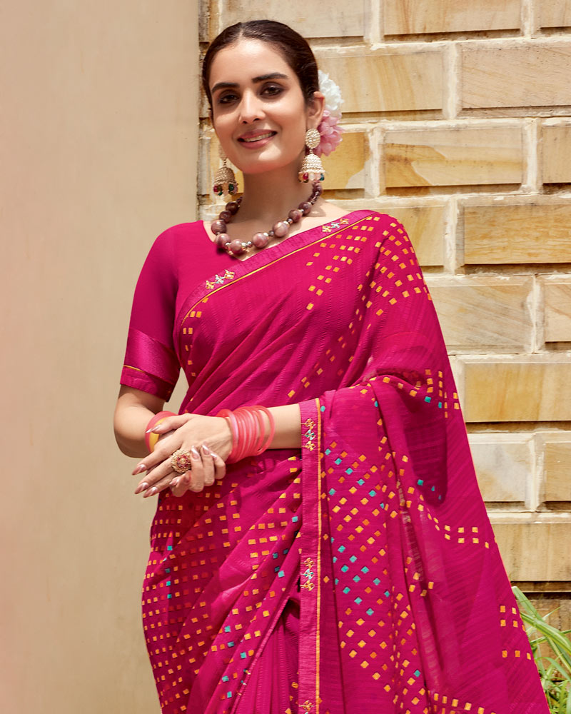 Vishal Prints Red Pink Printed Georgette Saree With Fancy Border