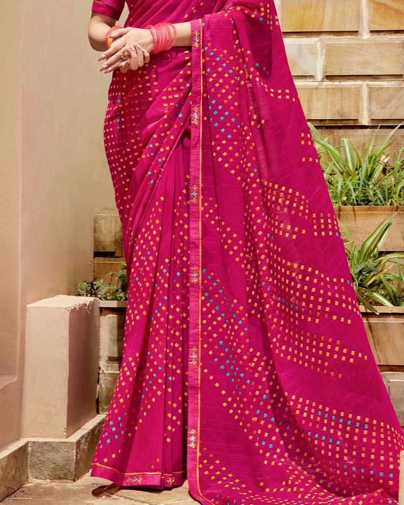 Vishal Prints Red Pink Printed Georgette Saree With Fancy Border