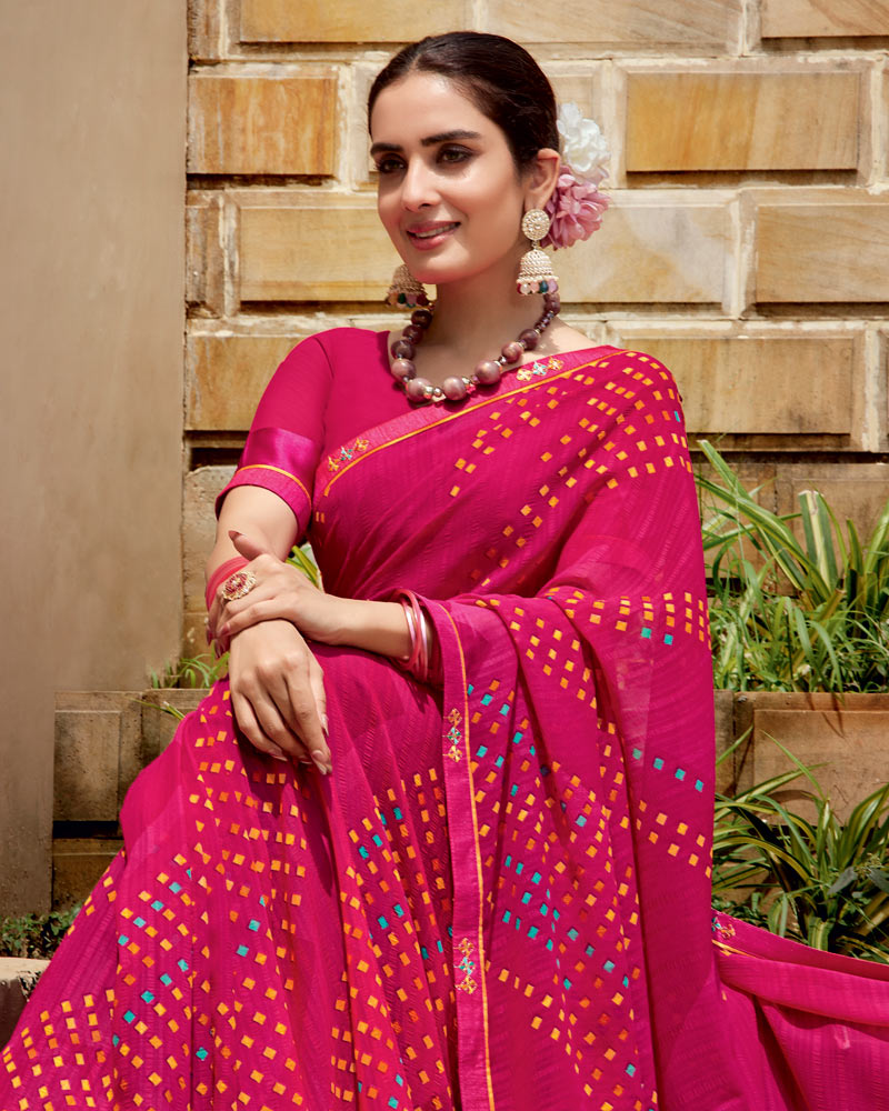 Vishal Prints Red Pink Printed Georgette Saree With Fancy Border