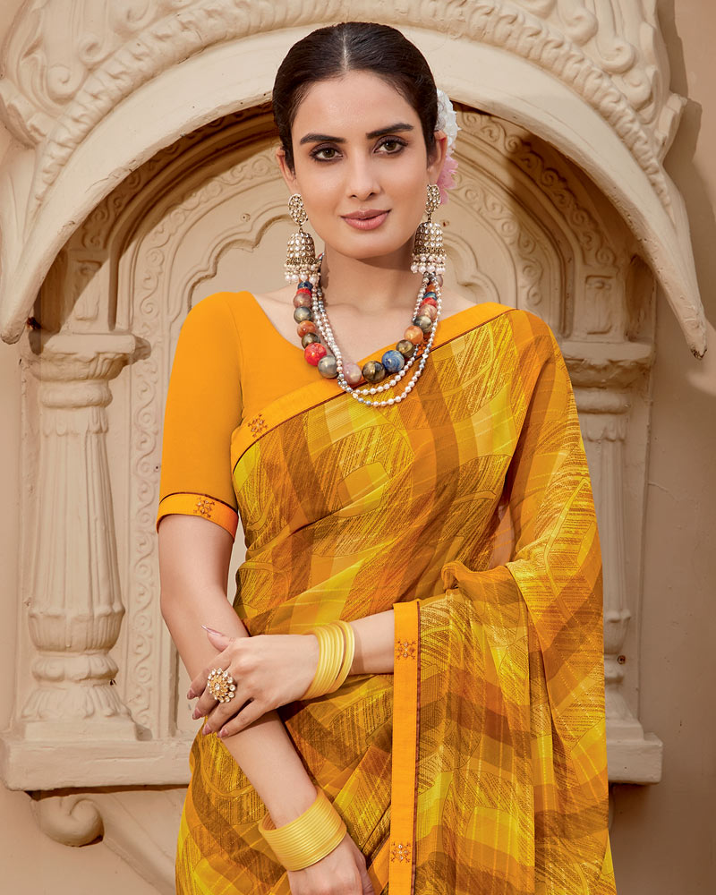 Vishal Prints Ochre Printed Georgette Saree With Fancy Border