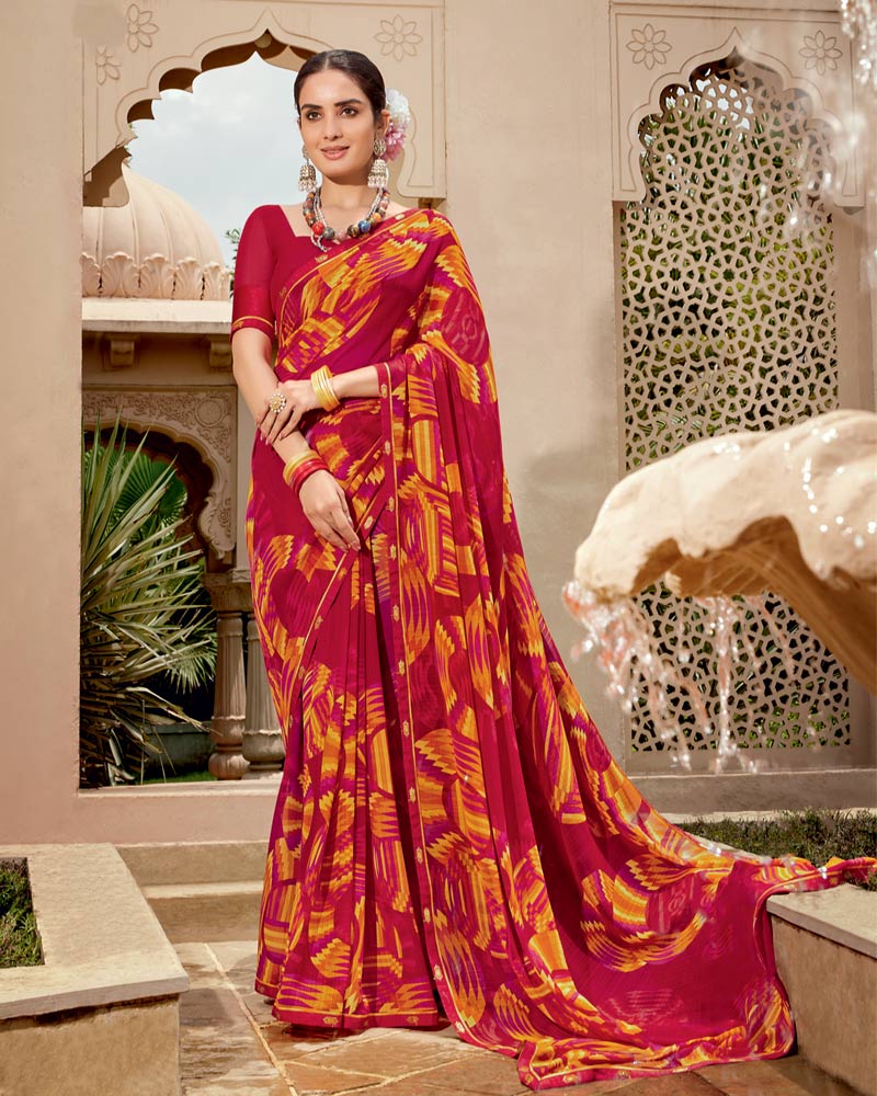Vishal Prints Dark Brick Red Printed Georgette Saree With Fancy Border