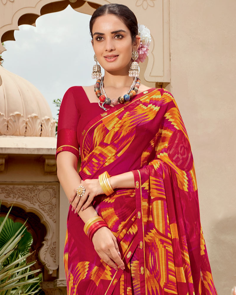 Vishal Prints Dark Brick Red Printed Georgette Saree With Fancy Border