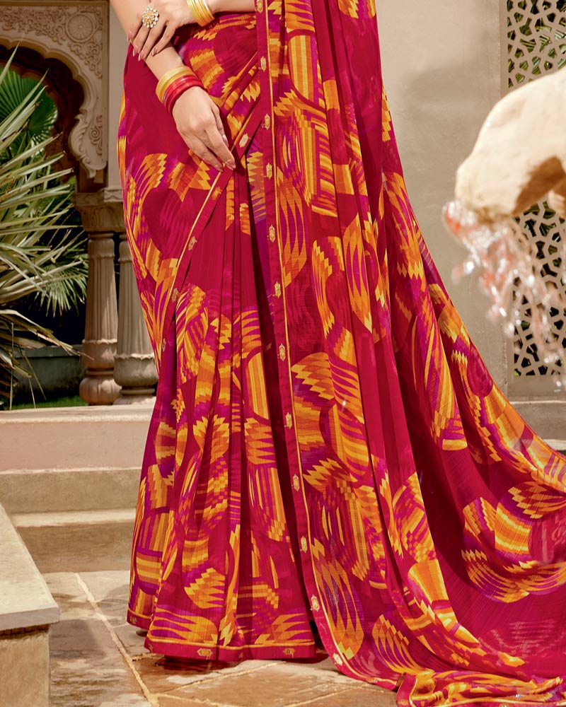Vishal Prints Dark Brick Red Printed Georgette Saree With Fancy Border