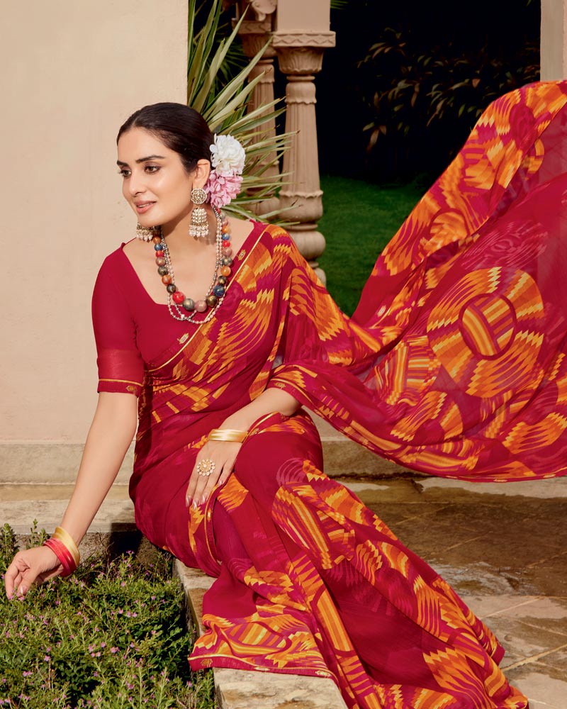 Vishal Prints Dark Brick Red Printed Georgette Saree With Fancy Border