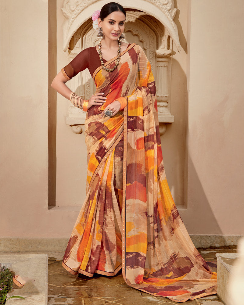 Vishal Prints Pinkish Tan Printed Georgette Saree With Fancy Border