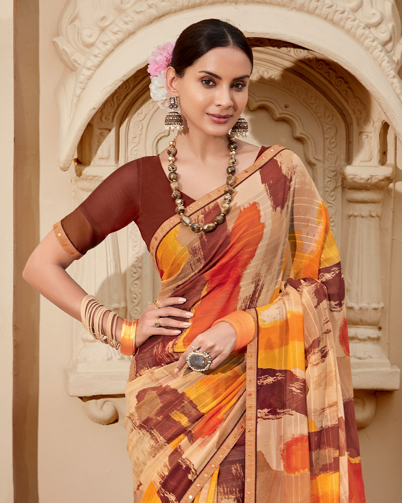 Vishal Prints Pinkish Tan Printed Georgette Saree With Fancy Border