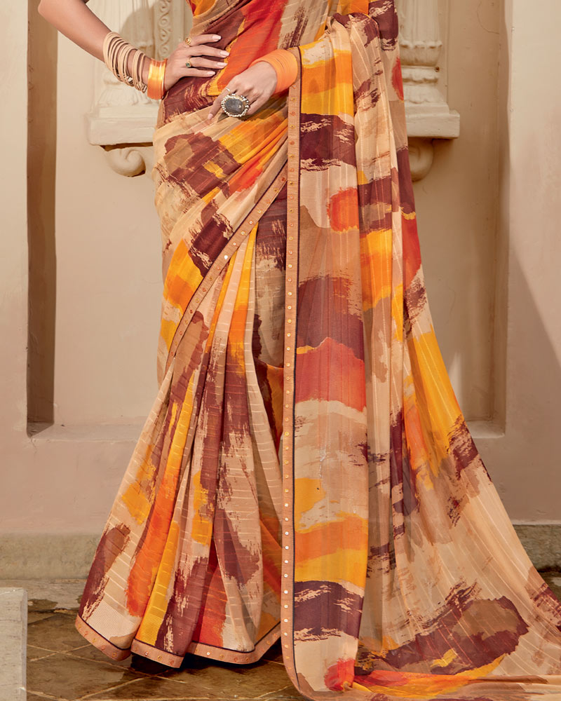 Vishal Prints Pinkish Tan Printed Georgette Saree With Fancy Border