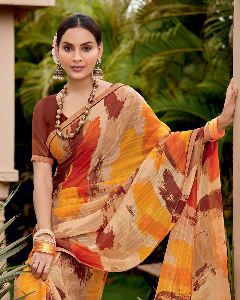 Vishal Prints Pinkish Tan Printed Georgette Saree With Fancy Border